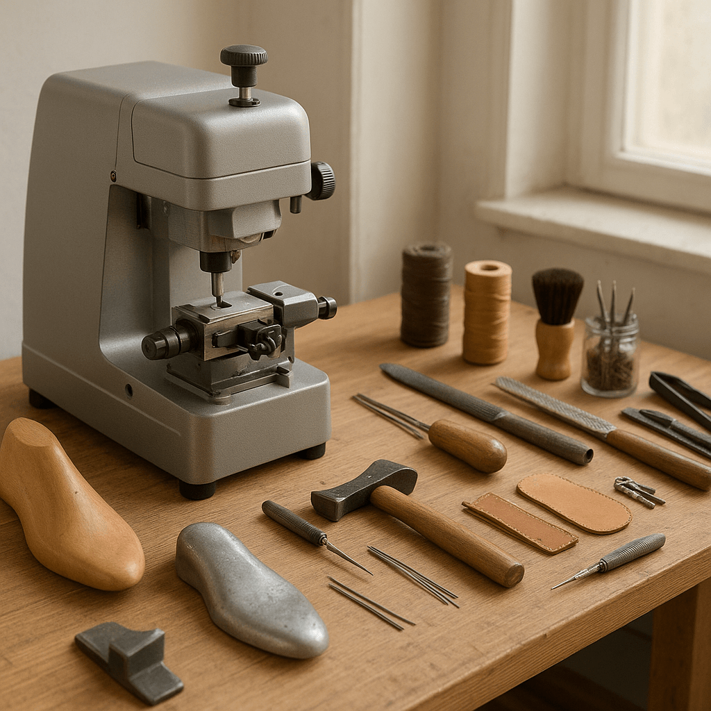 Werkbank mit Schlüsselmaschine und Schuhreparaturwerkzeugen
