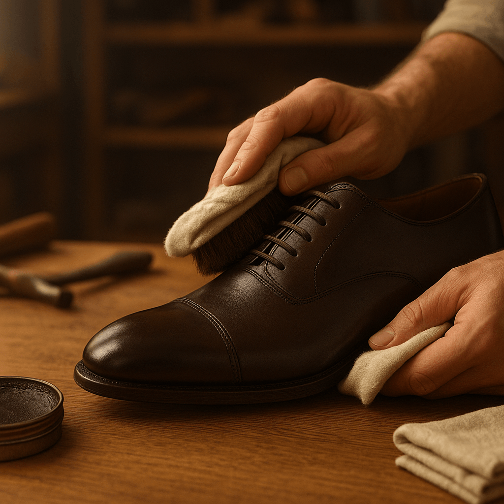 Leder-Schuh wird poliert
